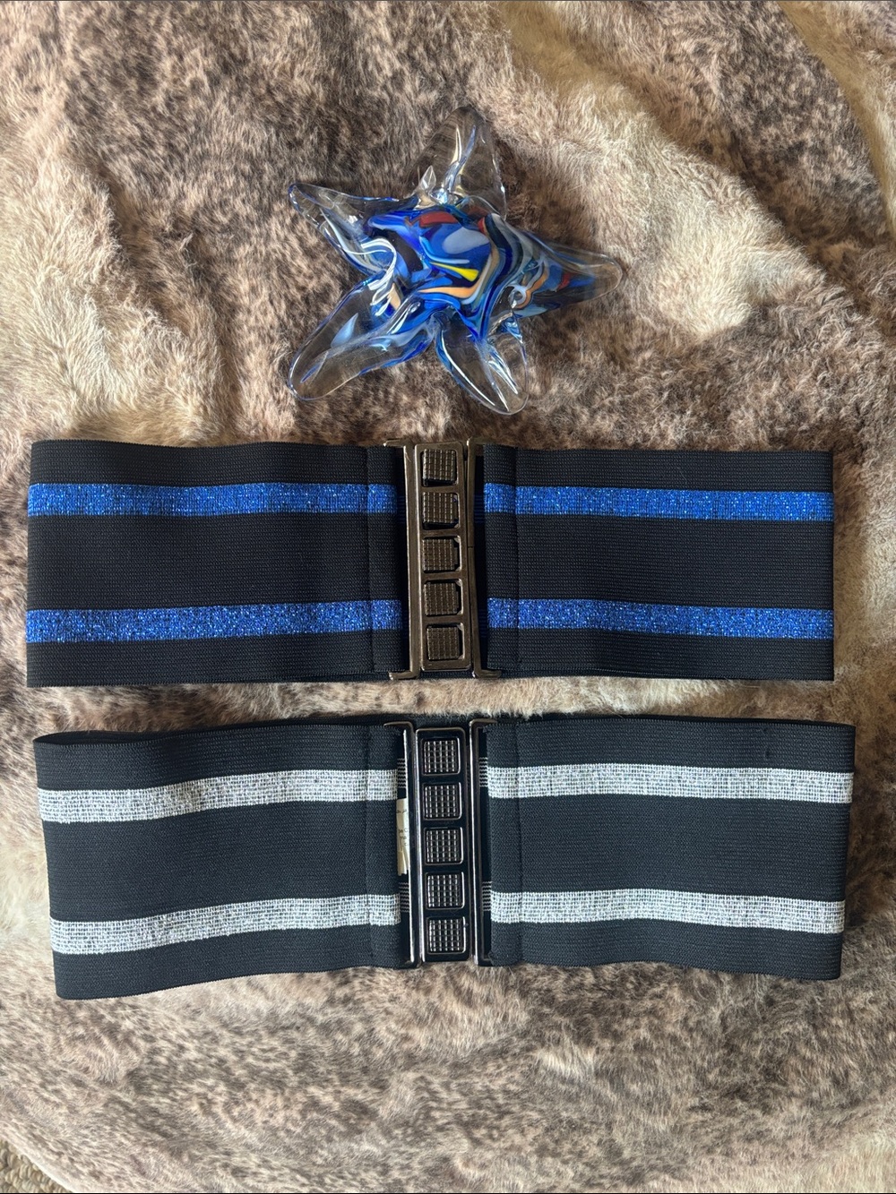 Women’s Elastic Waist Belts with Metallic Stripe - Blue & Silver - set of 2